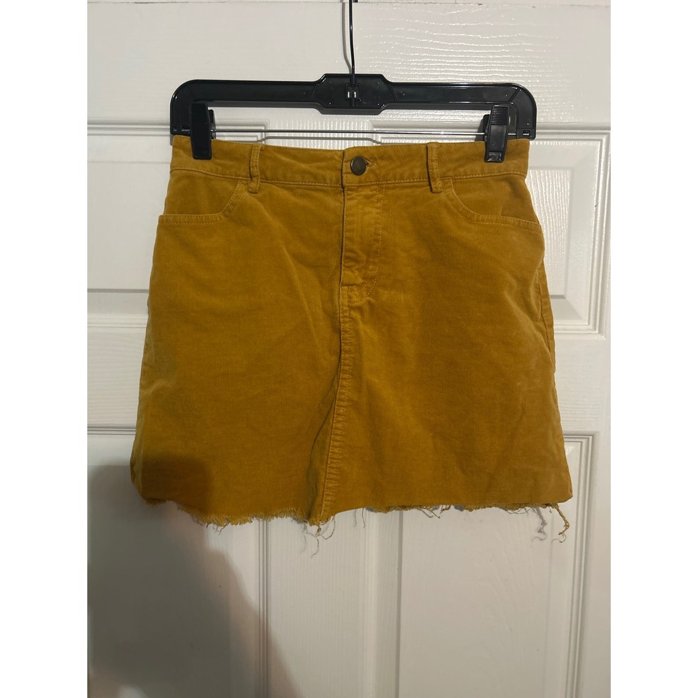Forever 21 Corduroy Mini Skirt Mustard Gold Frayed Hem Trendy Women's Size S